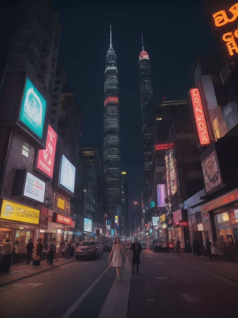 A beautiful girl, A futuristic cityscape at night with towering skyscrapers adorned with neon lights, bustling streets with flying cars and holographic advertisements, dark sky illuminated by a full moon and stars, a lively and vibrant atmosphere full of energy and excitement, Photography, captured with a high-resolution camera with a wide-angle lens, --ar 16:9 --v 5