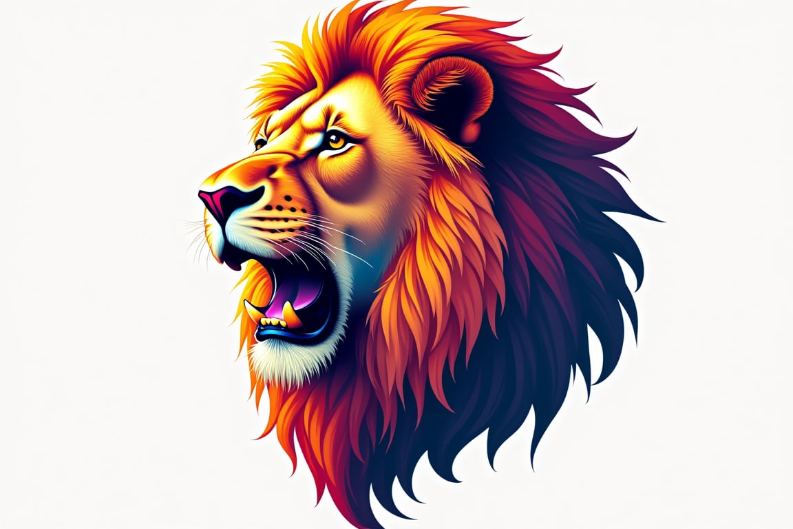 An artistic design featuring the head of a lion with bright, colorful fur, creating a lively and energetic impression. Each color in the design represents the elegance and strength of the lion, with sharp details and a captivating expression. The simple background highlights the beauty and uniqueness of this lion image