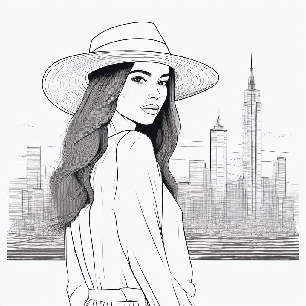 Create a line art illustration of a girl with long straight hair wearing a wide-brimmed hat and a stylish dress. She is posing confidently, with a city skyline in the background represented in simple line art