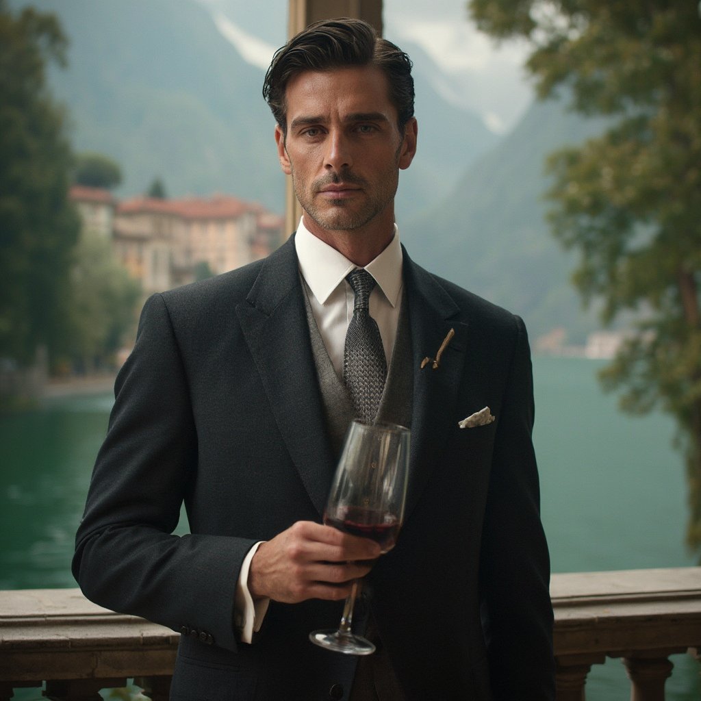 Masterpiece, best quality, official art, extremely detailed CG unity 8k wallpaper, absurdres, 8k resolution, a handsome man in a tailored suit holding a glass of wine, set against the stunning backdrop of a mansion by Lake Como, Italy. The scene is illuminated with cinematic lighting, highlighting the exquisite details of his features.