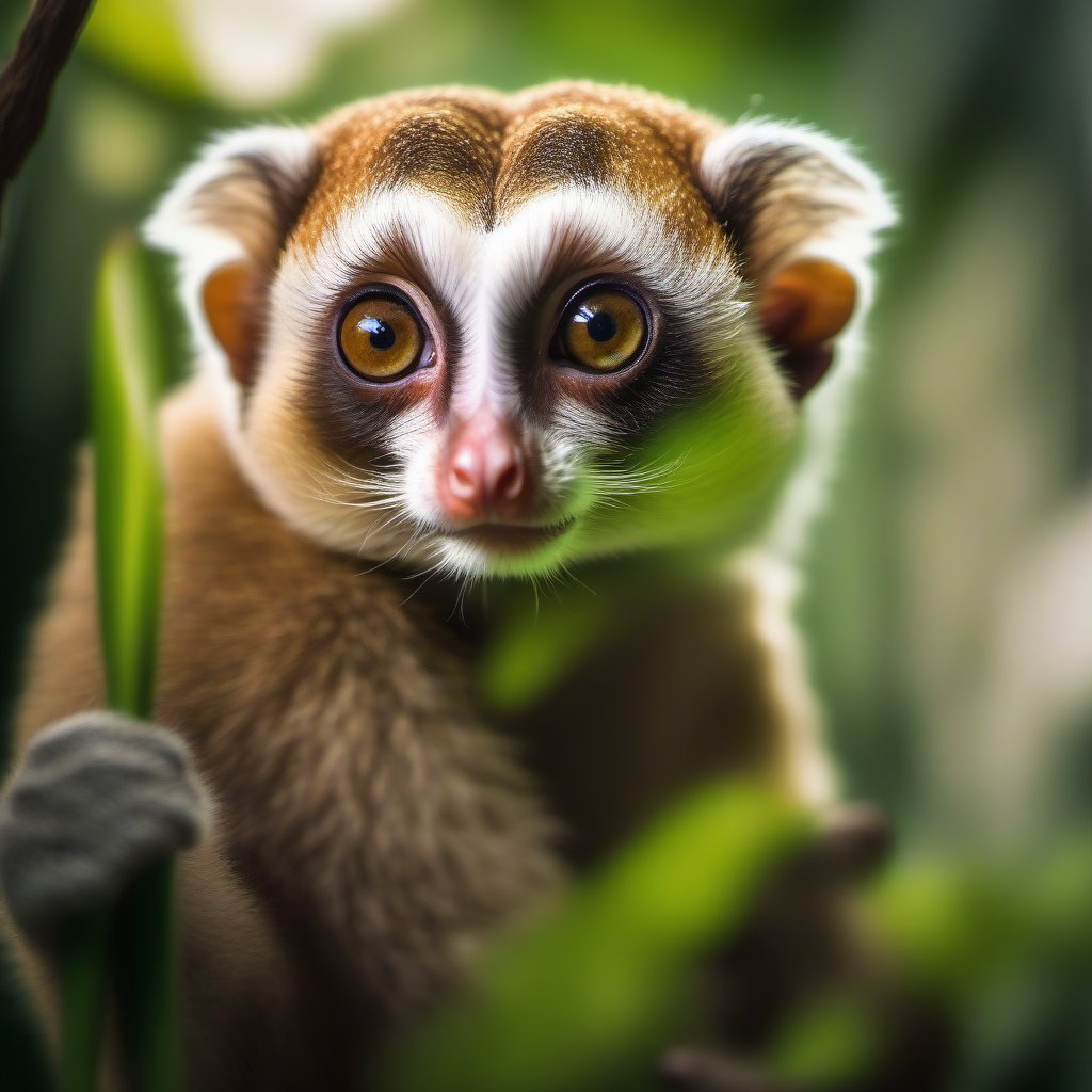 A slow loris perched on a branch, with its large, expressive eyes gazing curiously at the viewer. The creature's soft, fur-covered body blends harmoniously with the lush green foliage around it. Sunlight filters through the leaves, casting a gentle glow on its face, highlighting the intricate patterns of its fur. Capture the unique charm of this nocturnal primate as it delicately reaches out with its tiny hands, showcasing its gentle nature