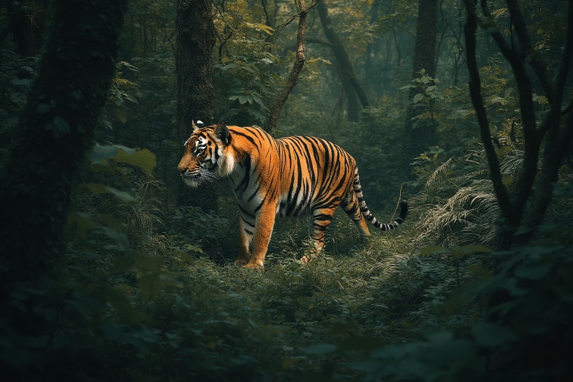 In a dense jungle, a powerful tiger prowls silently through the underbrush, surrounded by towering trees and thick foliage. The dappled sunlight filters through the leaves, highlighting the tiger's striking orange and black stripes as it surveys its territory.