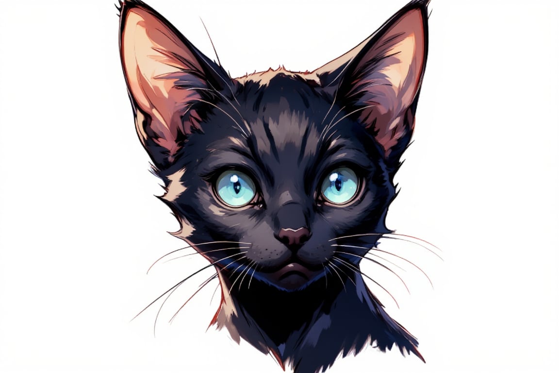 An artistic design featuring the head of a cat with sleek, glossy fur, embodying elegance and curiosity. The rich colors and sharp details of the cat's features, including its bright eyes and playful expression, create an enchanting impression. The simple background highlights the beauty and charm of this cat image