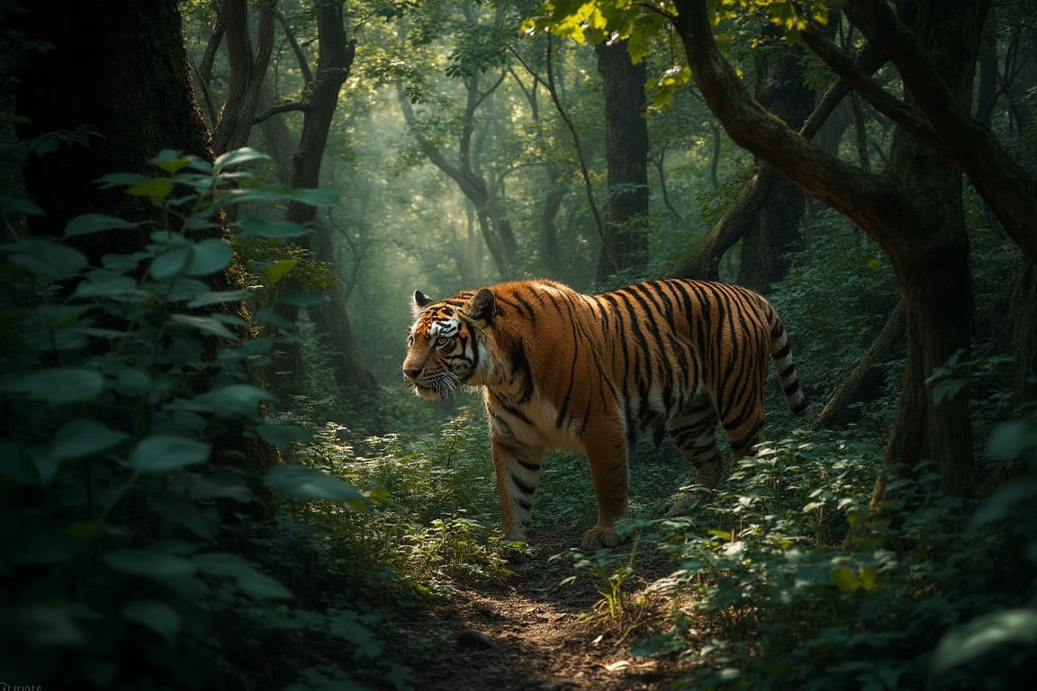 In a dense jungle, a powerful tiger prowls silently through the underbrush, surrounded by towering trees and thick foliage. The dappled sunlight filters through the leaves, highlighting the tiger's striking orange and black stripes as it surveys its territory.