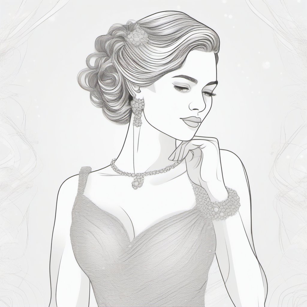 Create a line art illustration of a girl with wavy hair wearing an elegant dress and sparkling jewelry. She is posing gracefully, with a fancy ballroom background represented in minimal lines