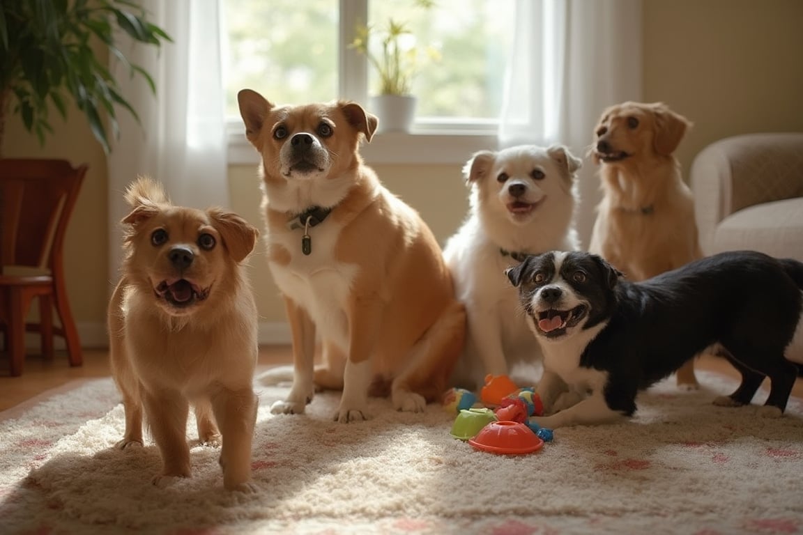 In a comfortable home setting, a group of curious dogs is gathered on the living room floor, surrounded by toys and a plush rug. The dappled sunlight filters through the curtains, illuminating the dogs' unique expressions as they engage in playful antics.