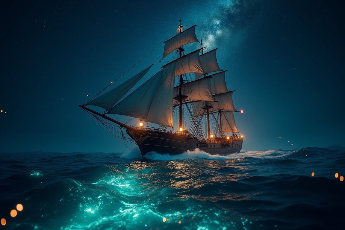 Captain's edward matilda return: A modern aircraft carrier ship, adorned with billowing sails and lanterns aglow, majestically glides into a bioluminescent sea illuminated by a swirling galaxy above. Fireflies dance across the waves, as if welcoming the vessel home. Framed by the starry night sky, this XL 4K ultra-high definition action shot captures the drama of the moment.