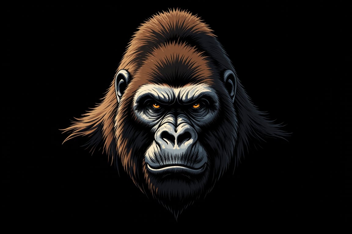 An artistic design featuring the head of a gorilla with rich, textured fur, exuding strength and wisdom. The deep shades of black and brown highlight the powerful features of the gorilla, with intense eyes and a thoughtful expression. The simple background emphasizes the majesty and uniqueness of this gorilla image.