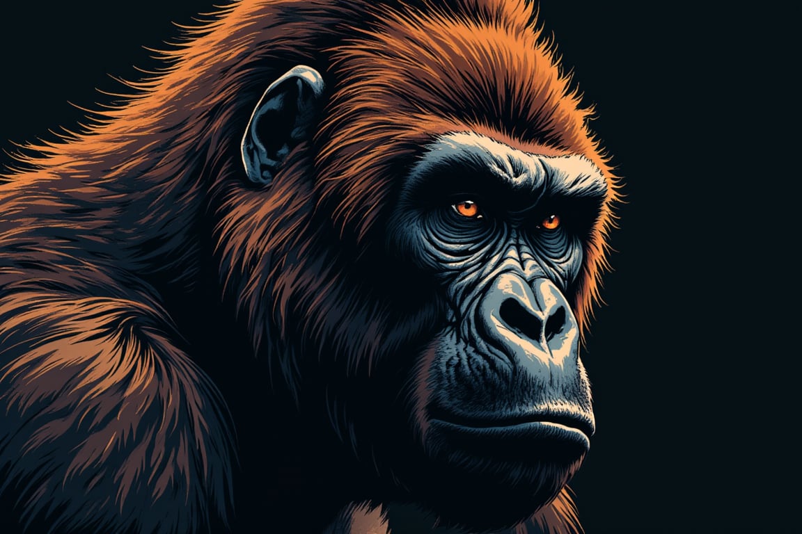 An artistic design featuring the head of a gorilla with rich, textured fur, exuding strength and wisdom. The deep shades of black and brown highlight the powerful features of the gorilla, with intense eyes and a thoughtful expression. The simple background emphasizes the majesty and uniqueness of this gorilla image.