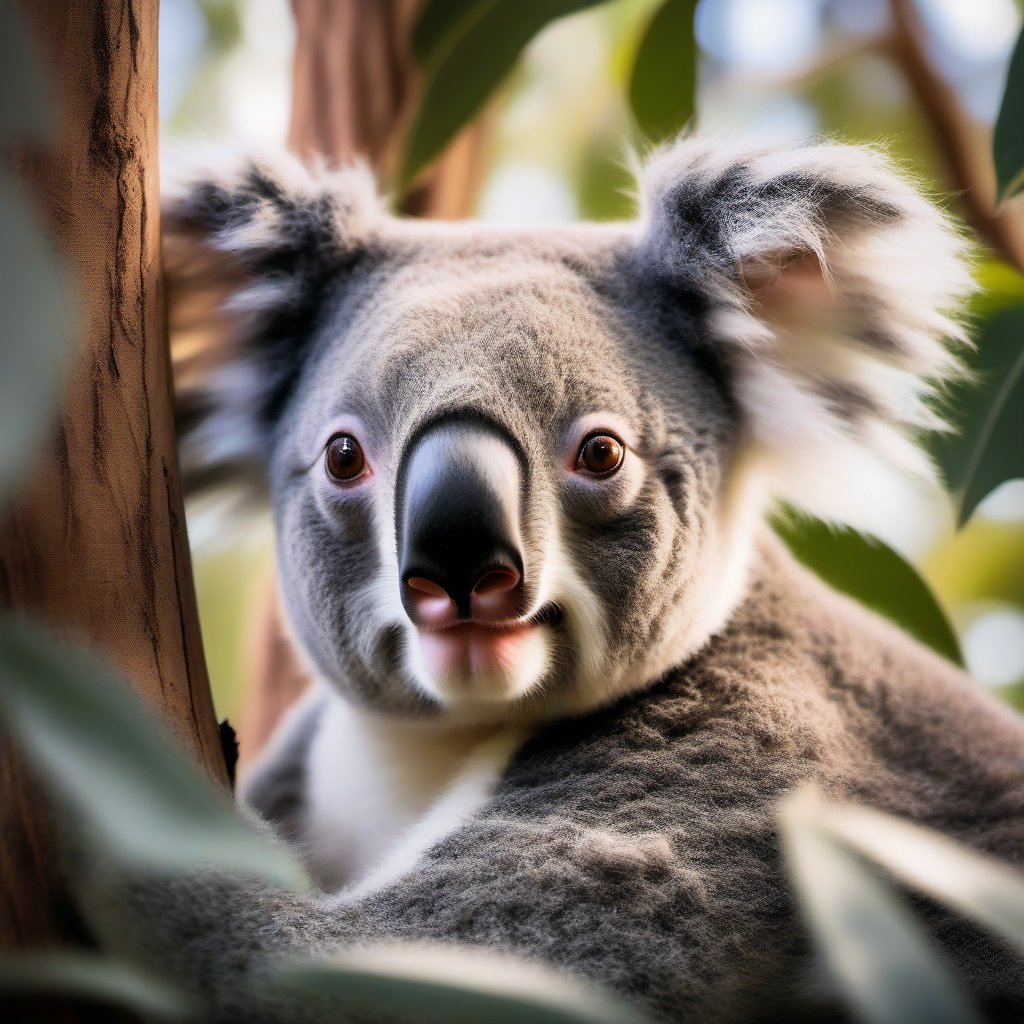 A cuddly koala resting comfortably in the crook of a eucalyptus tree, its fluffy gray fur contrasting with the bright green leaves surrounding it. The koala's large, round ears and gentle expression evoke a sense of calmness. Sunlight filters through the branches, creating a warm glow around the sleepy creature. Capture the peacefulness of this iconic Australian animal as it dozes, embodying the tranquility of its natural habitat.