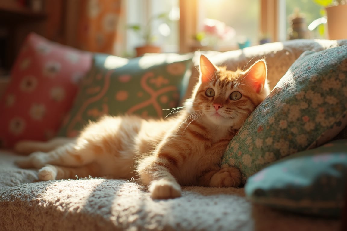 In a cozy living room, a playful cat is lounging on a soft sofa, surrounded by colorful cushions and warm sunlight streaming through the window. The gentle light highlights the cat's unique features as it enjoys a leisurely afternoon.