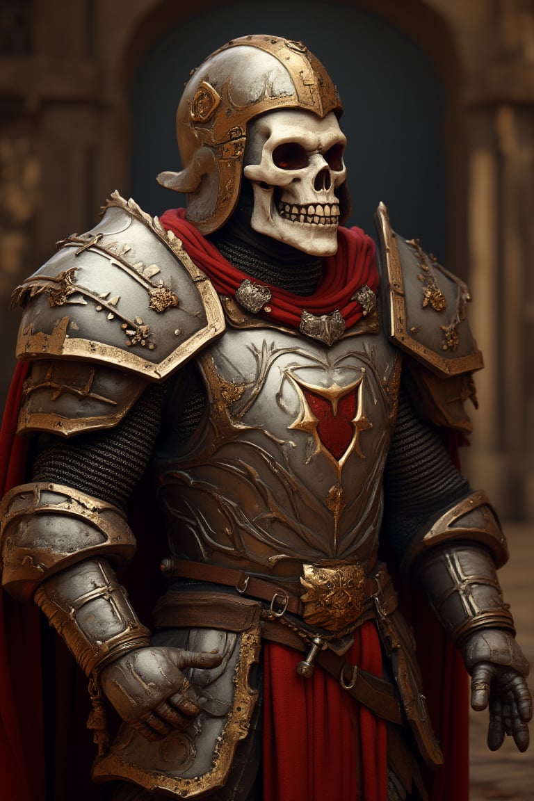 "A character with a skull head wearing shiny armor reminiscent of King Richard the Lionheart, complete with a red cloak and a golden crown. The skull's expression shows bravery, while the background depicts a royal atmosphere."