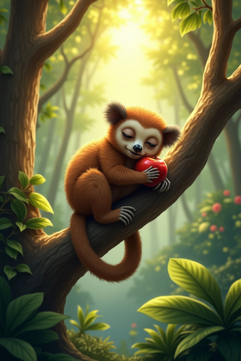 "In a lush, sun-dappled clearing deep within the woods, a sleepy slow loris clings to a branch, surrounded by tall trees and vibrant foliage. He holds a piece of ripe fruit in his paw, savoring the sweet taste as the warm sunlight filters through the leaves."