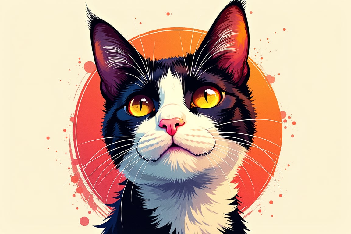 An artistic design featuring the head of a cat with sleek, glossy fur, embodying elegance and curiosity. The rich colors and sharp details of the cat's features, including its bright eyes and playful expression, create an enchanting impression. The simple background highlights the beauty and charm of this cat image