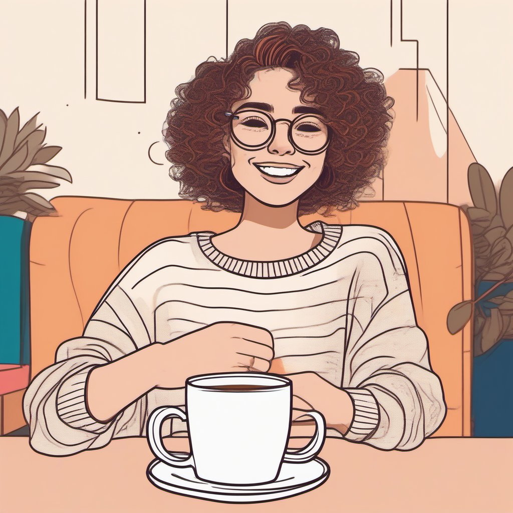 Illustrate a girl with short curly hair and round glasses in line art style, wearing a colorful oversized sweater. She is smiling and holding a cup of coffee, with a cozy café background featuring simple line art furniture