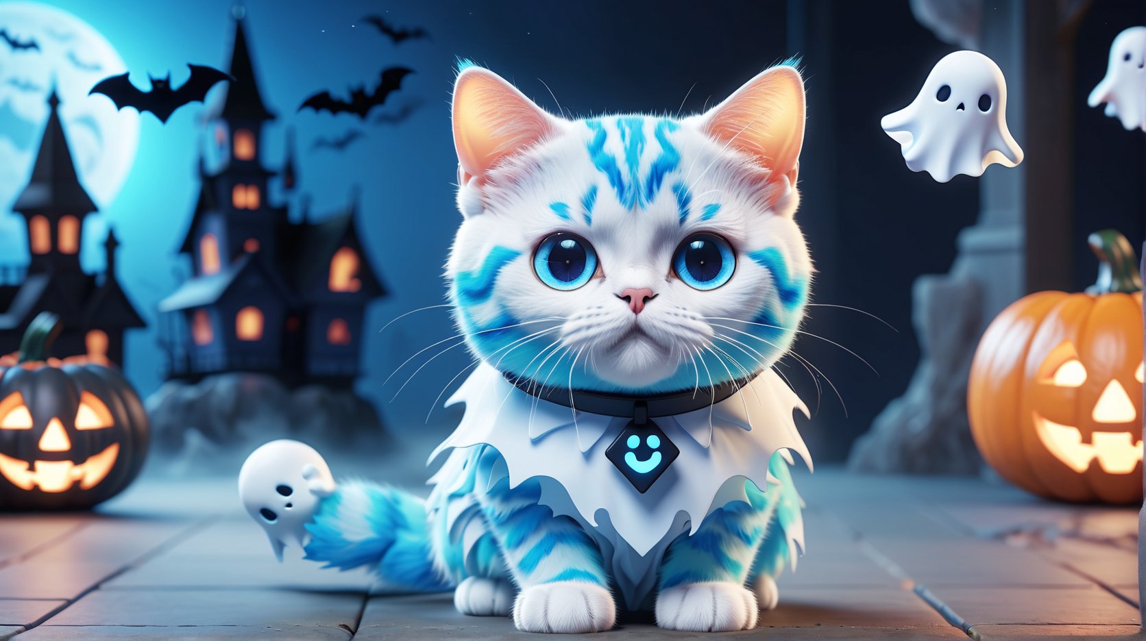 (Cute cube blue fury cat wearing ghosts costume:1.3), (haunted house background:1.4), (Halloween decorations:1.4), (HALLOWEEN2024 text:1.4), 3D app icon, clean isometric design, beautiful design, soft gradient background, soft colors, centered, 3D blender render, masterpiece, best quality, high resolution, 8k octane render, beautiful color scheme, soft smooth lighting, physically based rendering, square image, high polycount, natural beauty