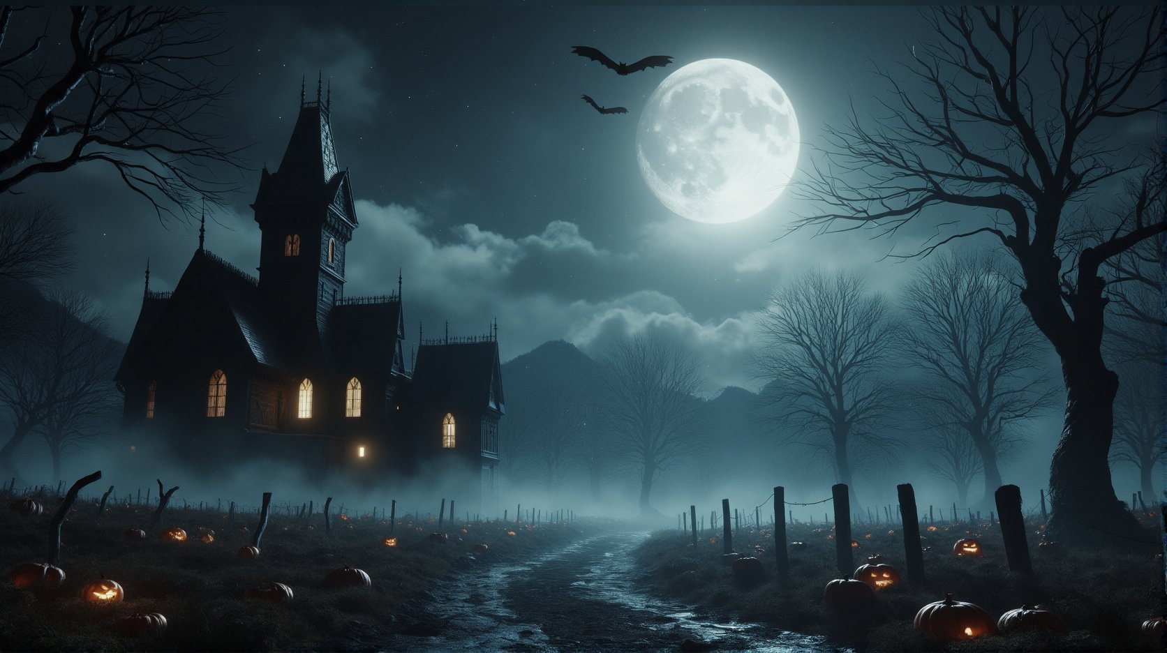 Architectural style a desolate scenery of a dark,full moon,A fantasy scene of an enchanted  towers, set against a dark, starry sky.,ancient,mysterious,road,(masterpiece,detailed, best quality),dark fantasy, Clean lines,geometric shapes,tree,DarkHalloween