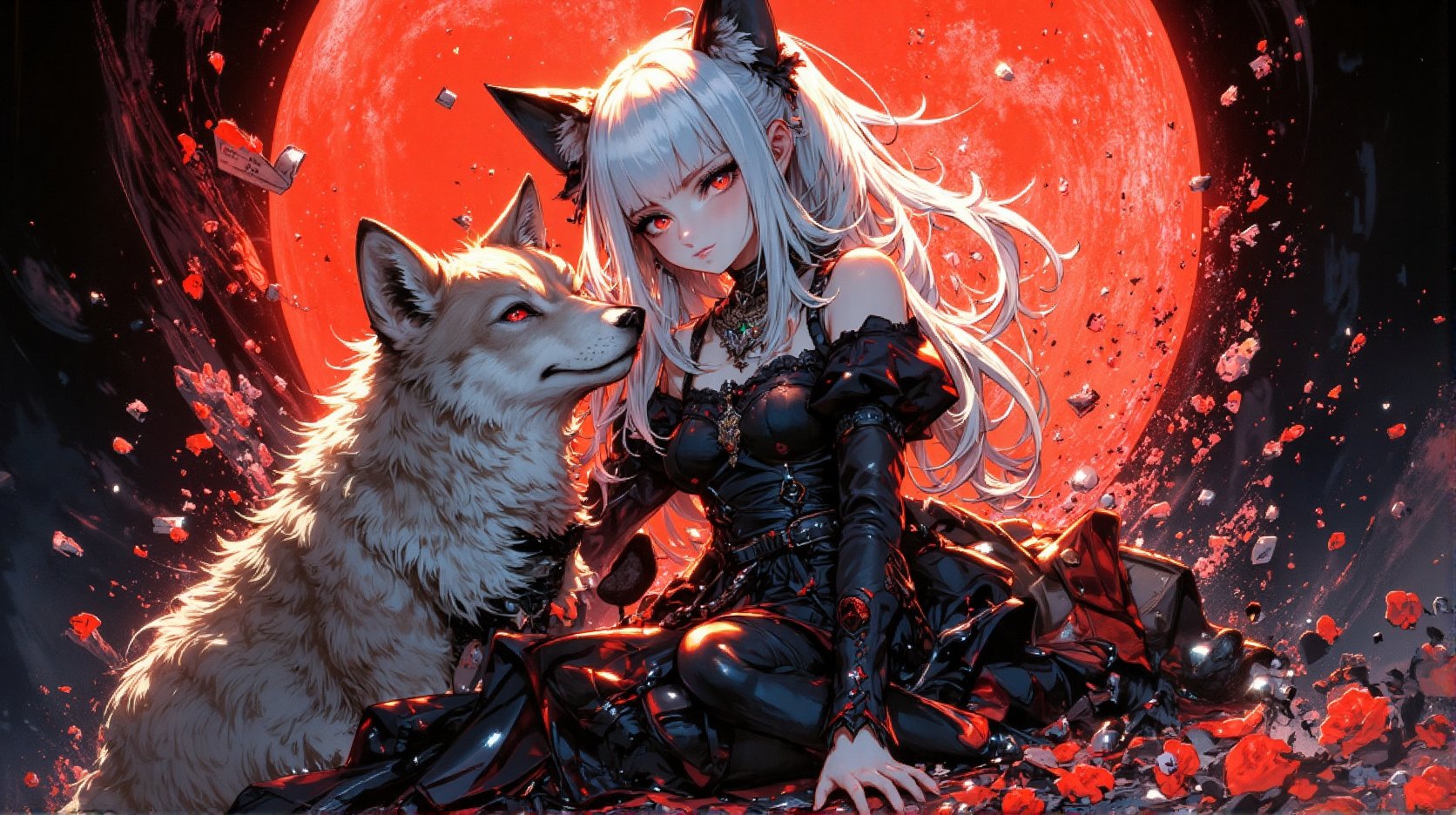 ink outline, fine detail rendered, color, horror style, 1girl, vampire princess, beautiful, adorable, cute, kawaii, sitting, She has a big wolf with her, she gently nudges the wolf, looking at viewer, white hair, very long hair, gorgeous black dress, stunningly crafted jewelry, bloody full moon, most fashionable, most stylish, dark background, detailed background, every detail is rendered in superb detail, perfect composition, masterpiece, best quality, 8k, ultra-detailed, very clear, perfect anatomy, anatomically correct hands, beautiful face, beautiful eyes, detailed eyes, beautiful hair, detailed hair, fantasy girl, Hand, FANGS