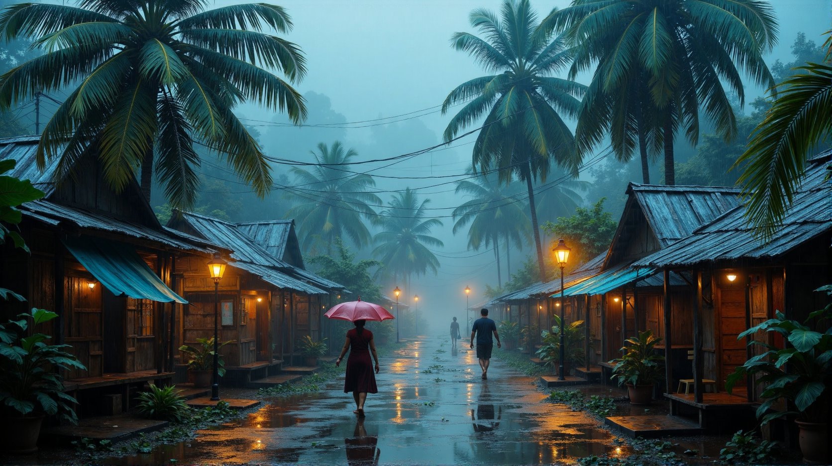 A dense misty veil of heavy rain envelops the Malay village, casting a mystical atmosphere over the rustic huts and palm trees in te evening. Waterlogged streets glisten like polished marble, while raindrops dance on banana leaves and thatched roofs. A lone umbrella struggles to stay upright in the gusty wind, as villagers scurry for cover beneath colorful awnings.