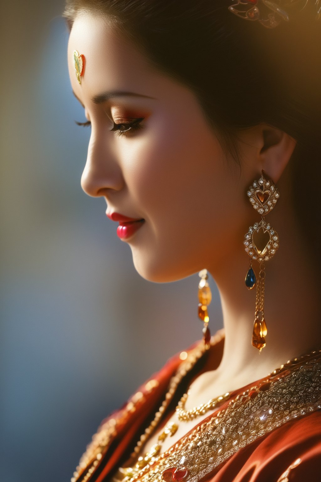 close up side profile of a beautiful woman's face, the woman has a mysterious smile, she holds 5 poker cards fanned out near  her face showing that the 5 cards all to be king of hearts, the cards are made of a luxurious golden material, on one ear she wears a prominent earring made of gold and shiny gemstones that spells out "Thanks", Her head is turned slightly such that the the earring wiht "Thanks" cane be clearly seen, she is wearing make up and red nail polish that accentuates her beauty, (Best Quality), (HDR: 1.4), 16K, Masterpiece, (Vivid Color: 1.4), Rich Clours, Gamma 2.0, High Contrast, Fine details and textures, cosy intimate atmosphere, Warm colors, (intense: 1.2), rim lighting,Movie Still