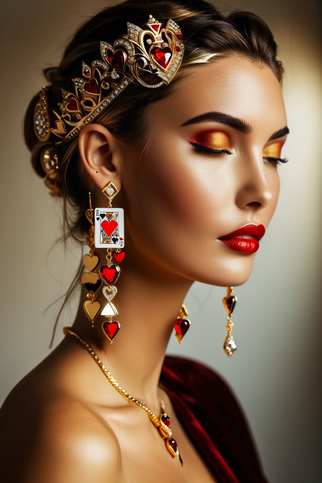 close up side profile of a beautiful woman's face, the woman has a mysterious smile, (she holds 5 king of hearts poker cards:1.4), the (5 cards king of hearts:1.4) are made of a luxurious golden material, she wears a prominent (earring made of gold and shiny gemstones that spells out "Thanks":1.4), Her head is turned slightly such that the the (earring with "Thanks":1,4) can be clearly seen, she is wearing make up and red nail polish that accentuates her beauty, (Best Quality), (HDR: 1.4), 16K, Masterpiece, (Vivid Color: 1.4), Rich Clours, Gamma 2.0, High Contrast, Fine details and textures, cosy intimate atmosphere, Warm colors, (intense: 1.2), rim lighting,Movie Still, her beautiful mesmerishing eyes are looking at viewer with a hint of mischief