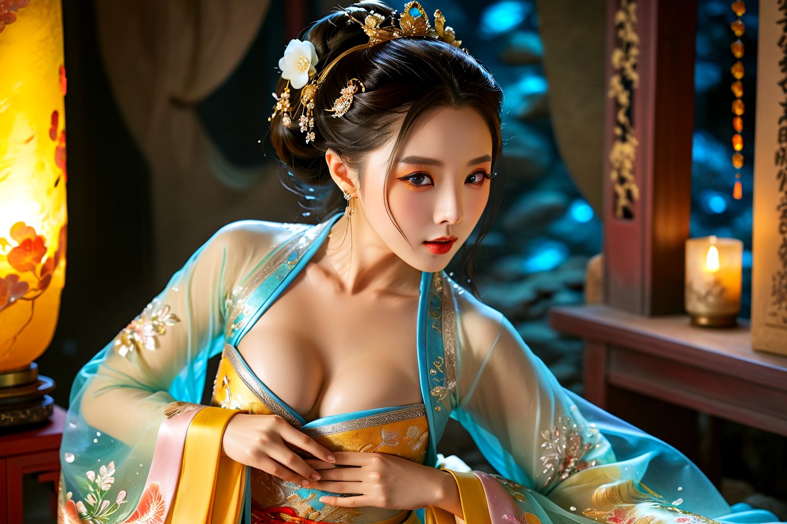 (Best quality,masterpiece,absurdres,ultra realistic:1.4),(Rococo:1.4),peerlessly beautiful idol, beautiful detailed eyes,(see-through_clothing),(Elegant posture), glowing,sparkling,energy coalescing,(dynamic angle,dynamic pose), mysterious look, nsfw, flamboyant, wearing see-through Hanfu with full visibility of her skin tone and breasts, (naked under hanfu:1.4), alluring, seductive, enchanting, cleavage,  (playful, scintillating, yellow gold, (uplighting), (Around floating colorful rocks:1.4), the most beautiful form of chaos, water, extremely detailed realistic and delicate facial features,