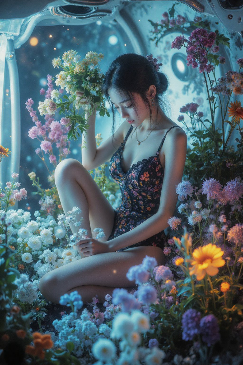 [overall]:"extreme angle view,  seen from an unusual perspective,  award winning color photo of a beautiful girl taking ca...
