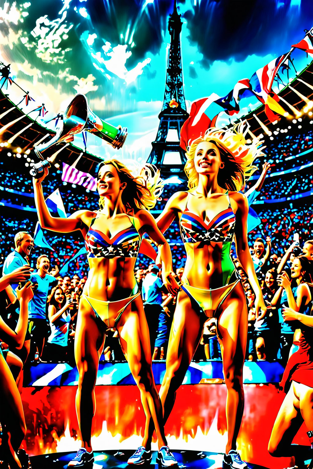 Photographic sports action style, (best quality, masterpiece, absurdres, ultra realistic:1.4), lifelike rendering, (medium shot), (low angle view),  atmosphere of excitment competition and action, cheering crowd, sign in the background says "Olympic Beer Drinking Competition", the center a stadium with eifel tower in the distance background, both girls have a determined look, both girls are dressed in sporting clothes, (vivid colors:1.3), cinematic action, intense mood and dramatic lighting, both girls faces are glowing with health and energy, light natural makeup, peerlessly beautiful idols, detailed eyes,beautiful delicate facial features, atheletic,energetic,alluring, enchanting, score_9, score_8_up, score_7_up, olympic 5 rings logo, 