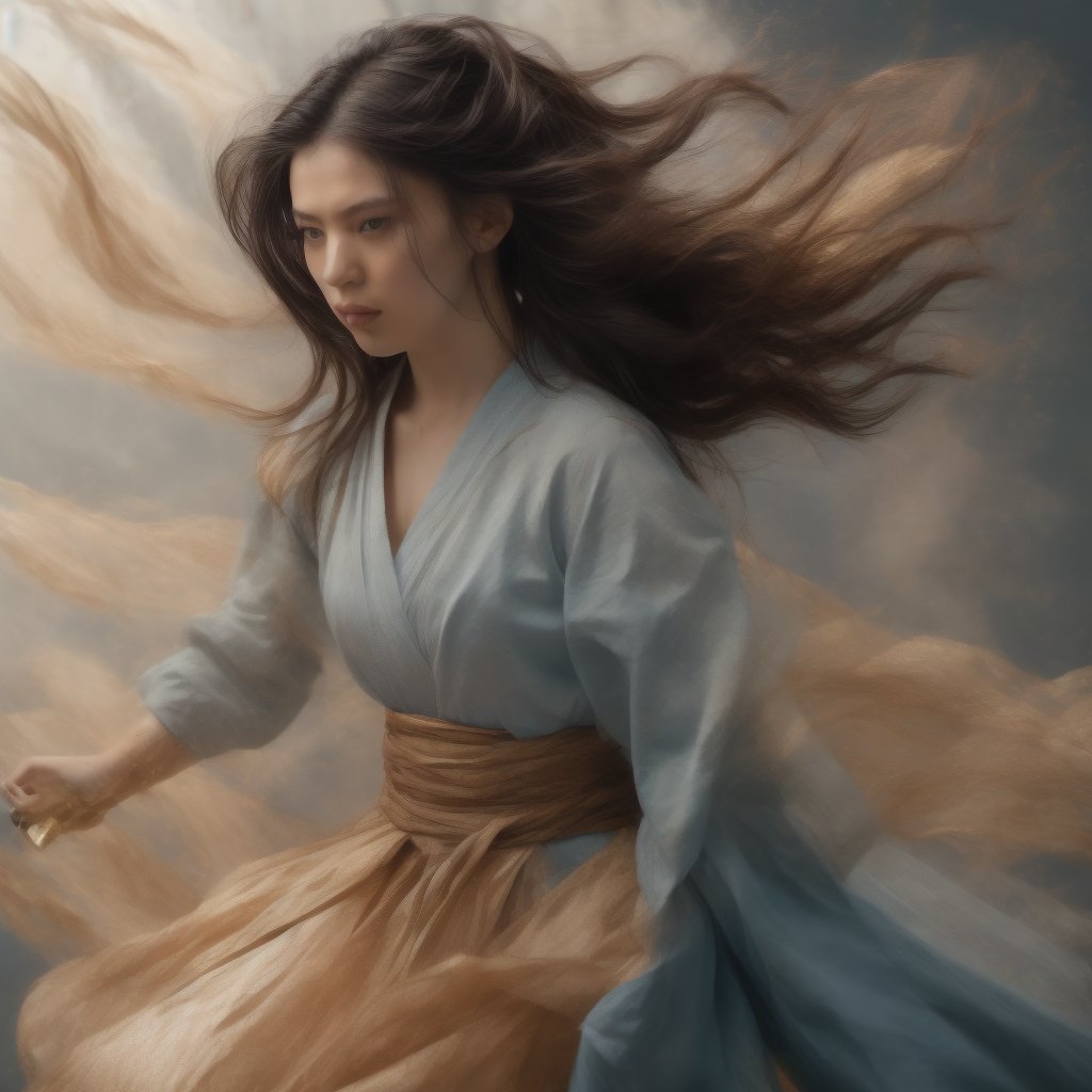 A masterpiece of photorealistic artistry captures two stunning 21-year-old girls with traditional Chinese hairstyles, their long black hair blowing gently in the wind as they stand side by side, surrounded by a serene ancient Chinese city street. One girl, dressed in a light blue skirt and bellyband, holds a Chinese sword while wearing a ponytail and swinging her weapon in precise martial arts moves, such as lunges and jumps. Her opponent, similarly attired, wields a sword with finesse, their movements clearly visible through the use of a wide-angle lens and movie-like photography. The girls' features are flawlessly rendered, showcasing thin yet athletic physiques, pink lips, long eyelashes, and large eyes that seem to pierce through the image. The background, a blurred mixture of Chinese architecture and lush greenery, serves as a stunning contrast to the vibrant colors of the subject's hair accessories and the flowing ink-like smoke that surrounds them.