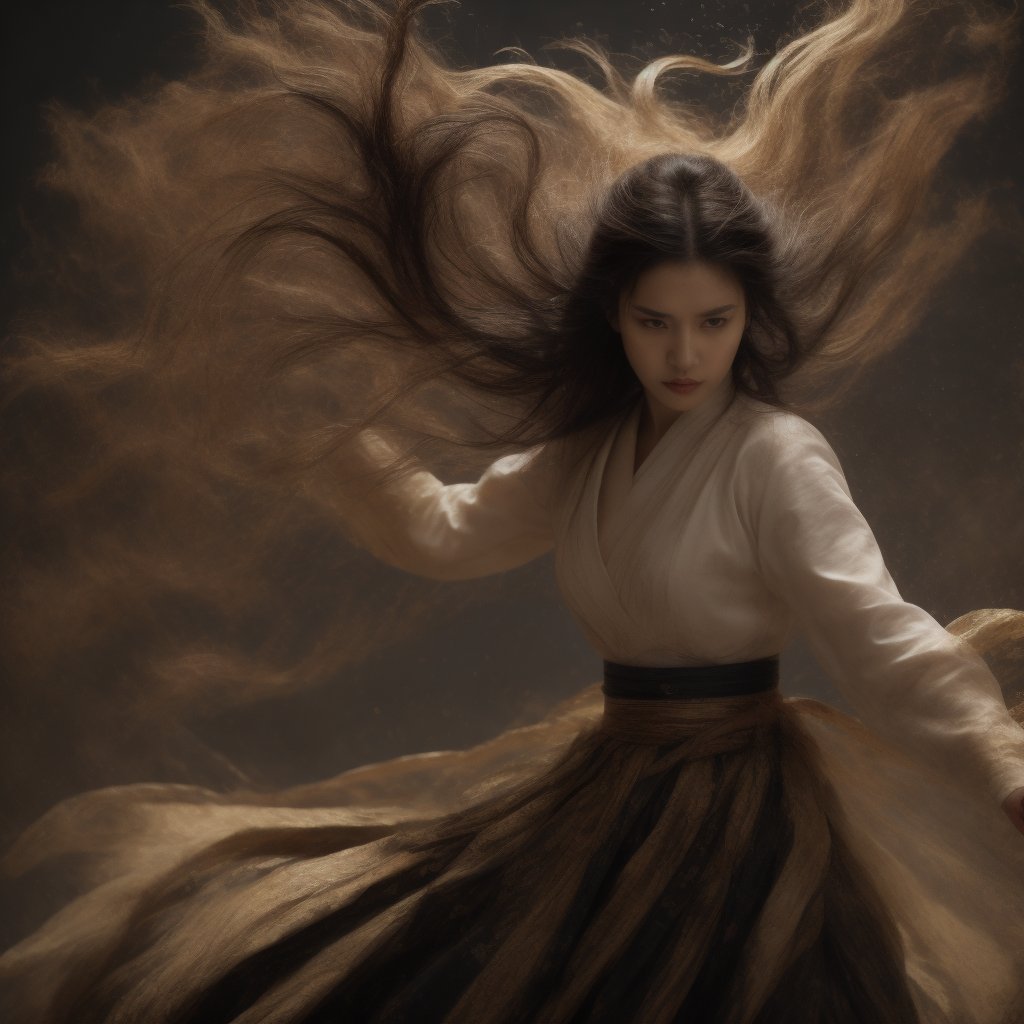 A masterpiece of photorealistic artistry captures two stunning 21-year-old girls with traditional Chinese hairstyles, their long black hair blowing gently in the wind as they stand side by side, surrounded by a serene ancient Chinese city street. One girl, dressed in a light blue skirt and bellyband, holds a Chinese sword while wearing a ponytail and swinging her weapon in precise martial arts moves, such as lunges and jumps. Her opponent, similarly attired, wields a sword with finesse, their movements clearly visible through the use of a wide-angle lens and movie-like photography. The girls' features are flawlessly rendered, showcasing thin yet athletic physiques, pink lips, long eyelashes, and large eyes that seem to pierce through the image. The background, a blurred mixture of Chinese architecture and lush greenery, serves as a stunning contrast to the vibrant colors of the subject's hair accessories and the flowing ink-like smoke that surrounds them.