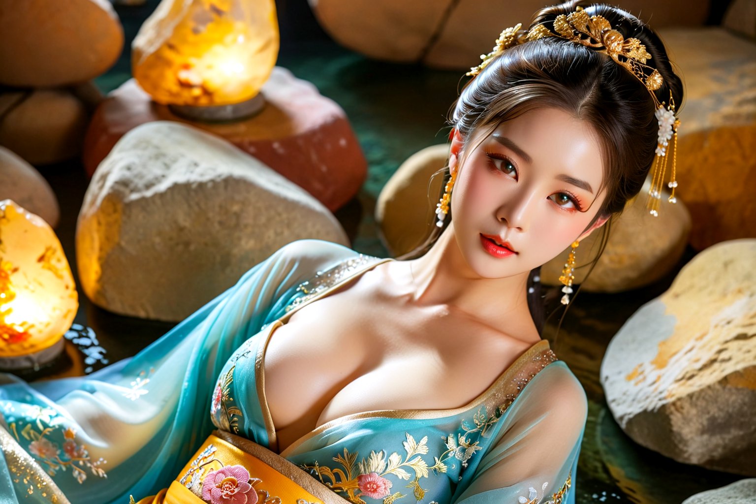 (Best quality,masterpiece,absurdres,ultra realistic:1.4),(Rococo:1.4),peerlessly beautiful idol, beautiful detailed eyes,(Elegant posture), glowing,sparkling,energy coalescing,(dynamic angle,dynamic pose), mysterious look, nsfw, flamboyant, wearing see-through Hanfu with full visibility of her skin tone pussy pubic hair and breasts under the hanfu, (visibly naked under hanfu:1.4), alluring, seductive, enchanting, cleavage,  (playful, scintillating, yellow gold, (uplighting), (Around floating colorful rocks:1.4), beautiful chaos, water, extremely detailed realistic and delicate facial features,