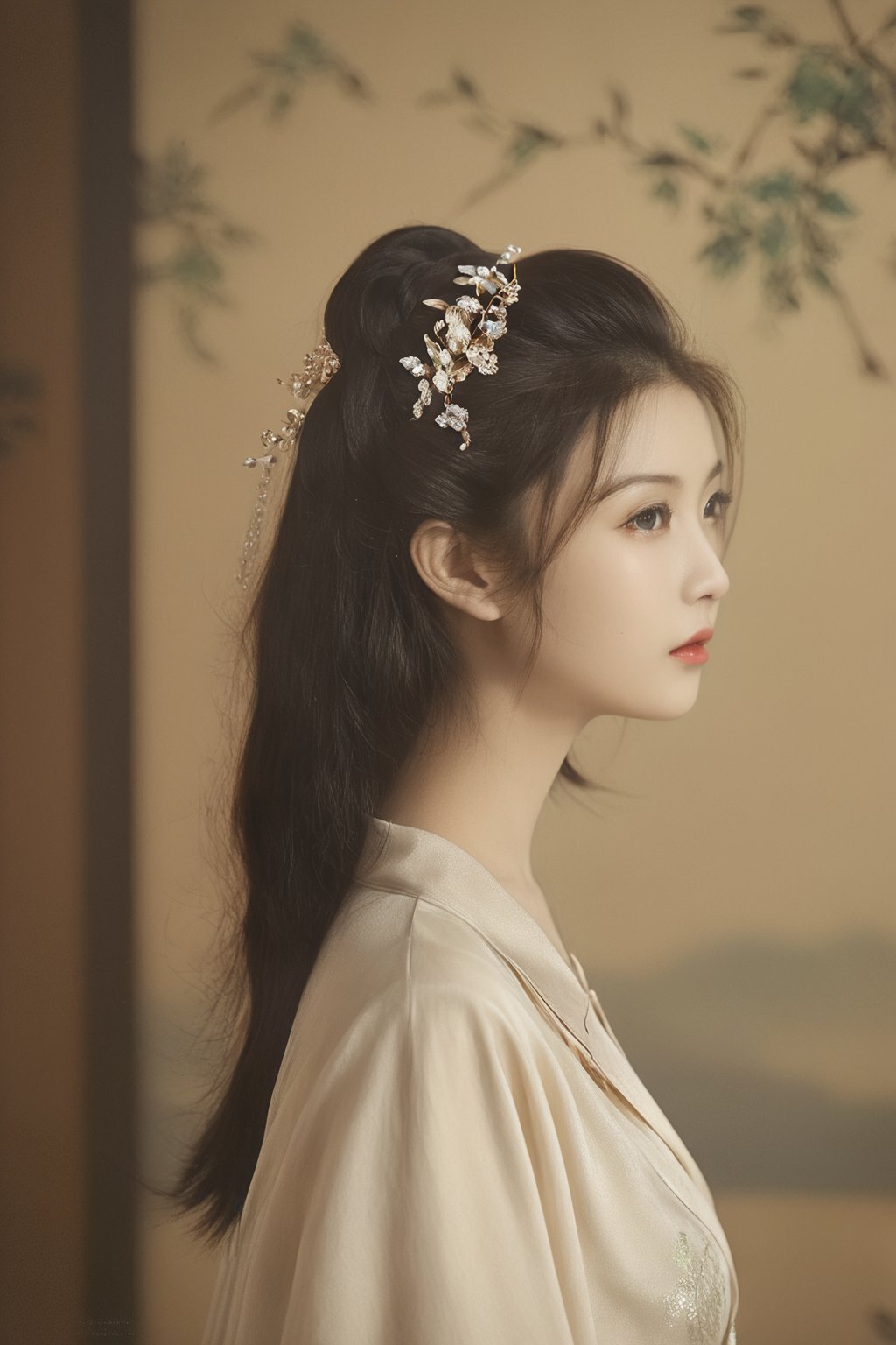 side profile face of a beautiful korean woman, traditional, vintage, trun of century background