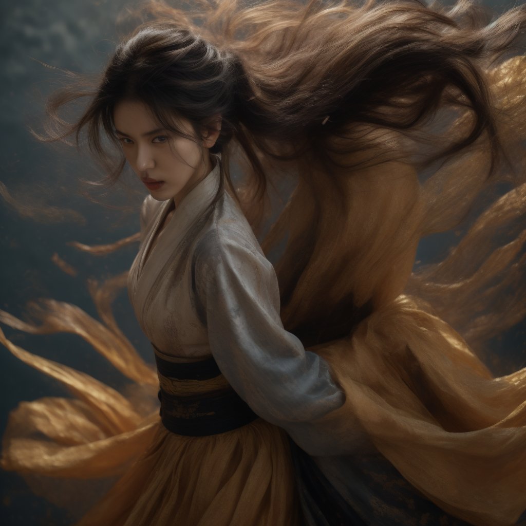 A masterpiece of photorealistic artistry captures two stunning 21-year-old girls with traditional Chinese hairstyles, their long black hair blowing gently in the wind as they stand side by side, surrounded by a serene ancient Chinese city street. One girl, dressed in a light blue skirt and bellyband, holds a Chinese sword while wearing a ponytail and swinging her weapon in precise martial arts moves, such as lunges and jumps. Her opponent, similarly attired, wields a sword with finesse, their movements clearly visible through the use of a wide-angle lens and movie-like photography. The girls' features are flawlessly rendered, showcasing thin yet athletic physiques, pink lips, long eyelashes, and large eyes that seem to pierce through the image. The background, a blurred mixture of Chinese architecture and lush greenery, serves as a stunning contrast to the vibrant colors of the subject's hair accessories and the flowing ink-like smoke that surrounds them.