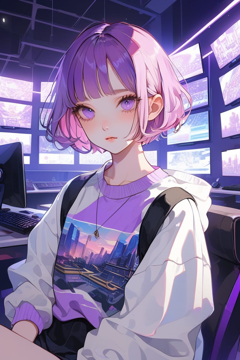 Aesthetic art,2d,dal-3, 1girl, solo,short bob cut hair, purple hair, blunt bangs,  Korean-style youthful clothing,University sweatshirt, , purple eyes, makeup, game print, absurdres,Esports room scene