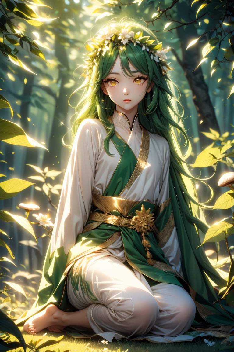 
anime,
Green-haired boy, long hair, golden eyes with a mystical, enchanting glow, long green eyelashes, pale green lips with a subtle sparkle, wearing a flower crown, brown tunic, green vines around the waist, barefoot standing on a forest clearing, audience is a small gray dog lying on a leaf bed, dog with a white flower on its head, surrounded by glowing mushrooms, sunlight filtering through the leaves.