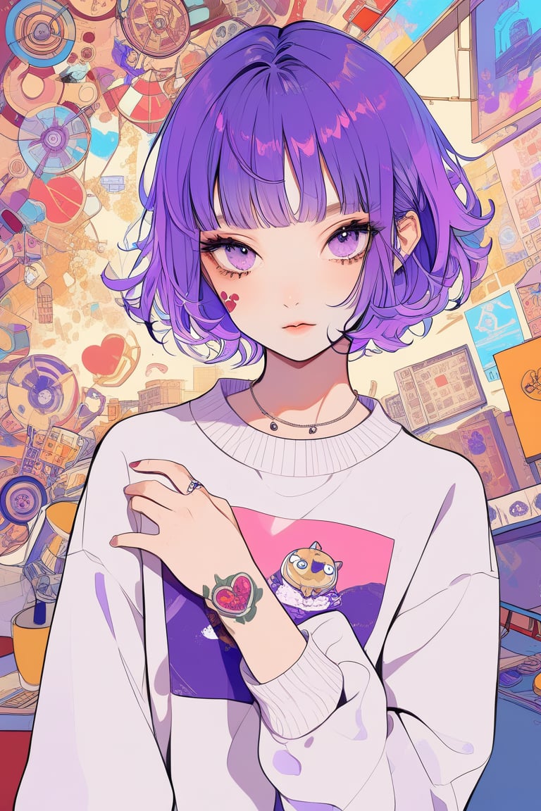 Aesthetic art,2d,dal-3, 1girl, solo,short bob cut hair, purple hair, blunt bangs,  Korean-style youthful clothing,University sweatshirt, , purple eyes, makeup, game print, absurdres,School scene,A heart tattoo on the hand