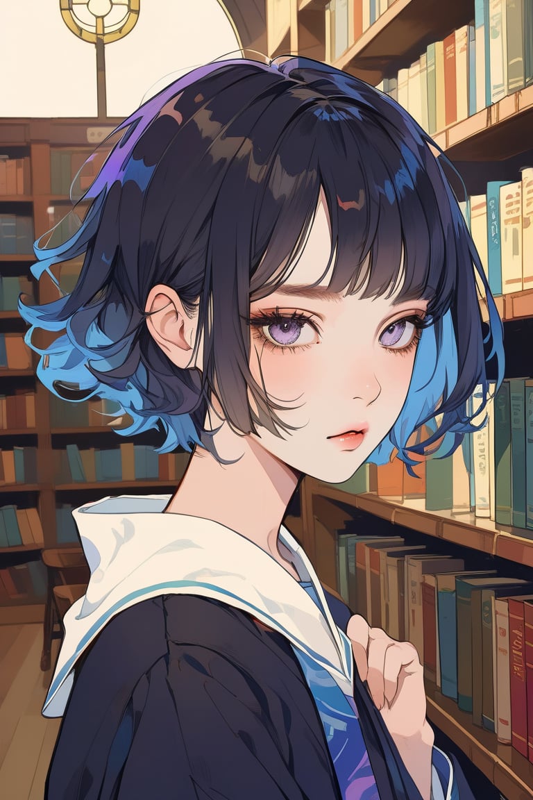 Aesthetic art,2d,dal-3, 1girl, solo,makeup, game print, absurdres,college graduation gown,

Hair color: Purple, Hair style: Short hair, Hair cut: Ear-length short hair, Eye color: Black, Expression: Quiet, Mood: Calm, School scene: Library