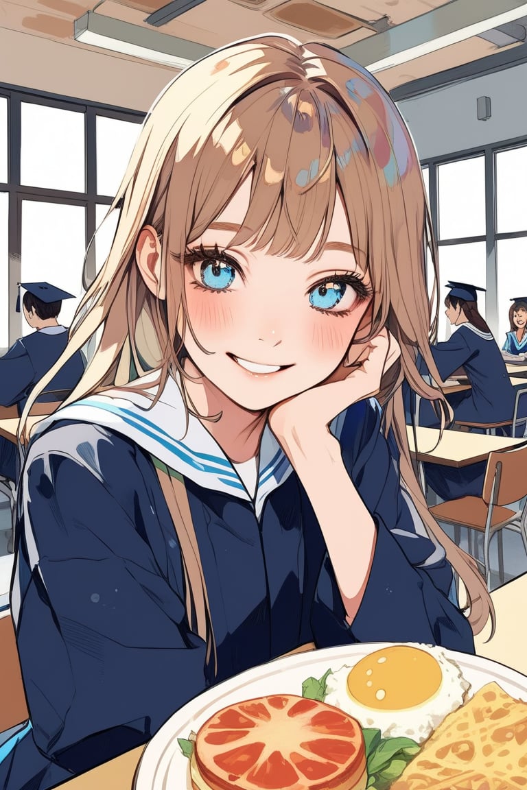 Aesthetic art,2d,dal-3, 1girl, solo,makeup, game print, absurdres,college graduation gown,

Hair color: Chestnut, Hair style: Straight hair, Hair cut: Long straight hair, Eye color: Blue, Expression: Happy, Mood: Joyful, School scene: Cafeteria