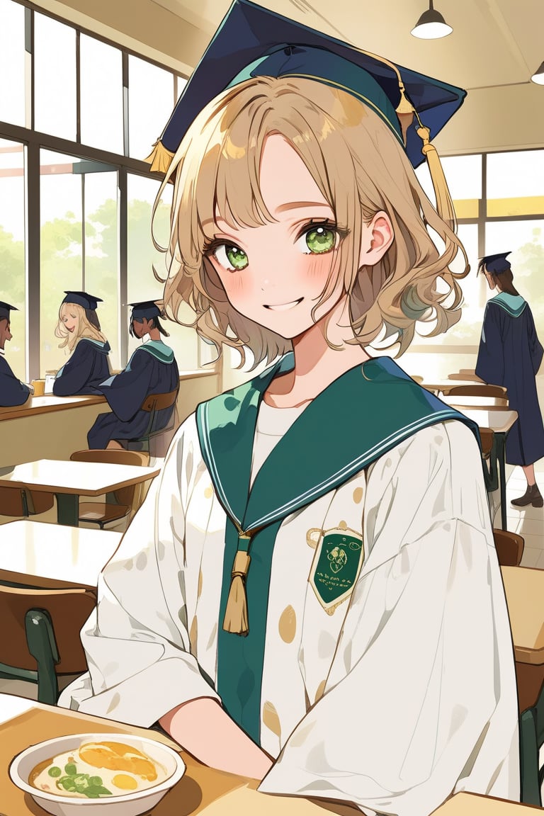 Aesthetic art,2d,dal-3, 1boy, solo,makeup, game print, absurdres,college graduation gown,

Hair color: Light brown, Hair style: Straight hair, Haircut: Middle-parted straight hair, Eye color: Green, Expression: Happy, Mood: Pleasant, School scene: Cafeteria