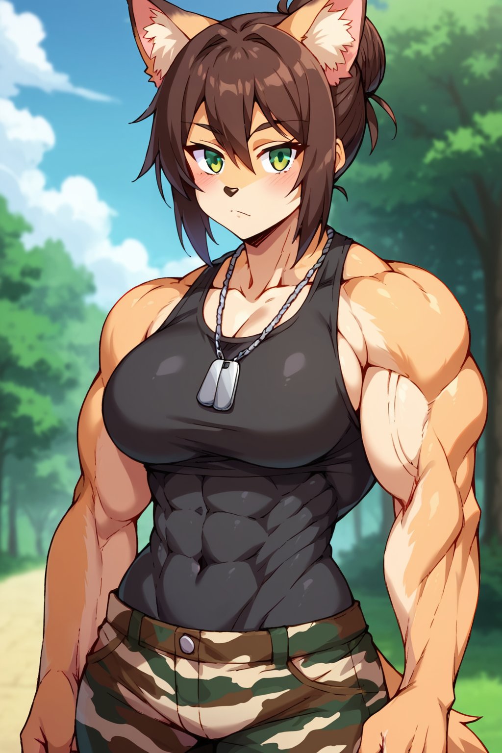 score_9, score_8_up, score_7_up, source_furry  1girl, solo, breasts, looking at viewer, blush, short hair, bangs, large breasts, brown hair, shirt, animal ears, hair between eyes, bare shoulders, jewelry, medium breasts, closed mouth, green eyes, standing, collarbone, sidelocks, cowboy shot, outdoors, sleeveless, day, pants, hair bun, tree, animal ear fluff, bare arms, black shirt, sleeveless shirt, covered navel, single hair bun, tank top, extra ears, camouflage, dog tags, camouflage pants,  muscular, solo, muscular female, hyper muscles, ripped muscles, furry, fur,