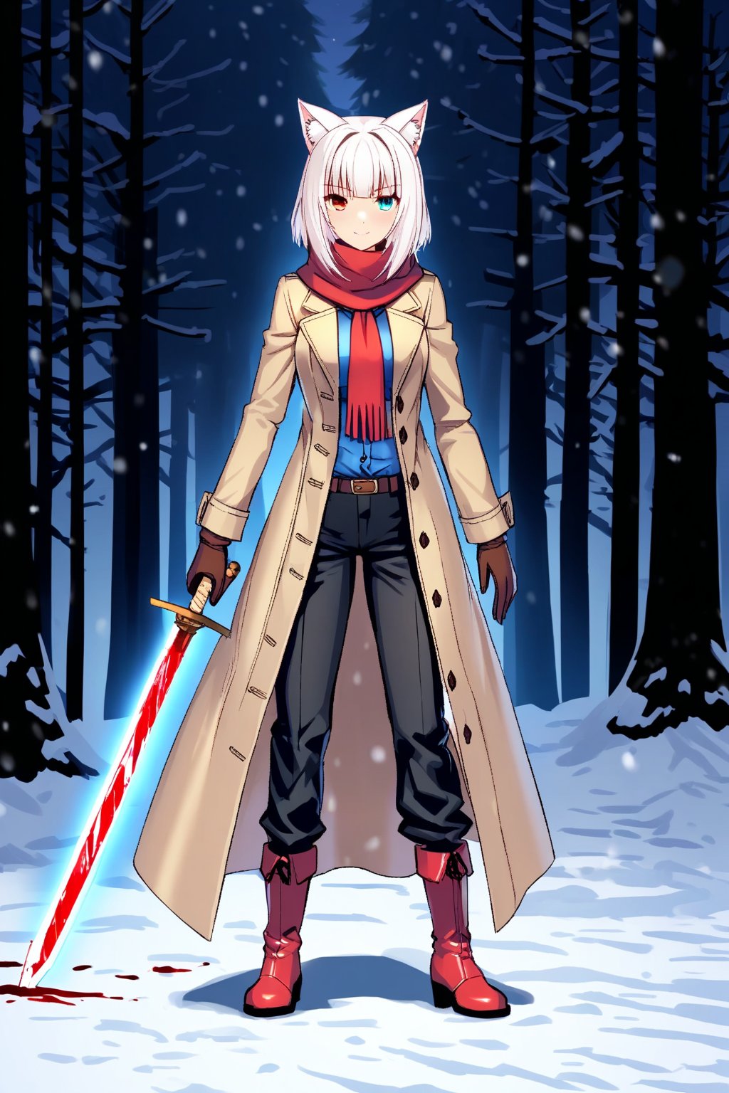 nekopara,1girl, cat ears,cat tail,white hair,short hair,forest background,snow,red boots, blue underwear,red scarf, beige coat, brown gloves, black trousers,blood on coat ,murder,heterochromia,((holding sword)),glowing sword,holding sword,