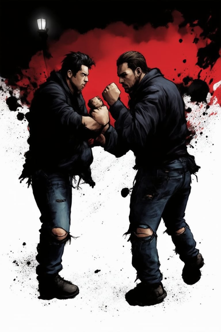 Ink splashes, bold lines, dynamic poses,A dark alleyway at dusk, dimly lit by flickering street lamps. A group of tough-looking thugs, clad in black jackets and ripped jeans, face off against a rival gang. The air is thick with tension as the two groups circle each other, fists clenched and eyes blazing with hostility,douqi