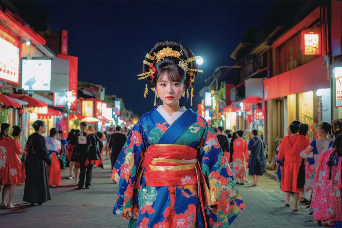 1girl, huakui Wide-angle lens ,During the oiran parade in Japan's Edo period,  Showing shoulders and half of the breast ,a beautiful girl, wearing a gorgeous kimono, walked on the brightly lit streets. The people around her stopped to watch, and their eyes were attracted to this beautiful oiran. The transparent There is a round moon in the starry sky, gently spreading the moonlight to the world