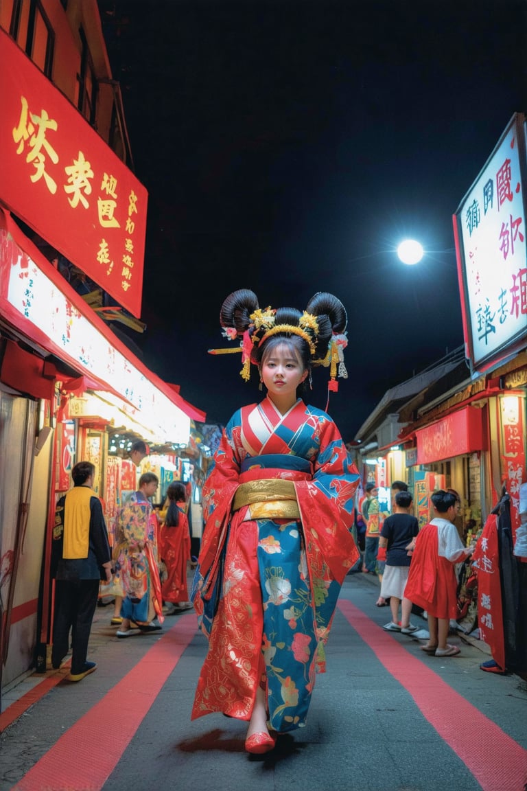 1girl, huakui Wide-angle lens ,During the oiran parade in Japan's Edo period,  Showing shoulders and half of the breast ,a beautiful girl, wearing a gorgeous kimono, walked on the brightly lit streets. The people around her stopped to watch, and their eyes were attracted to this beautiful oiran. The transparent There is a round moon in the starry sky, gently spreading the moonlight to the world