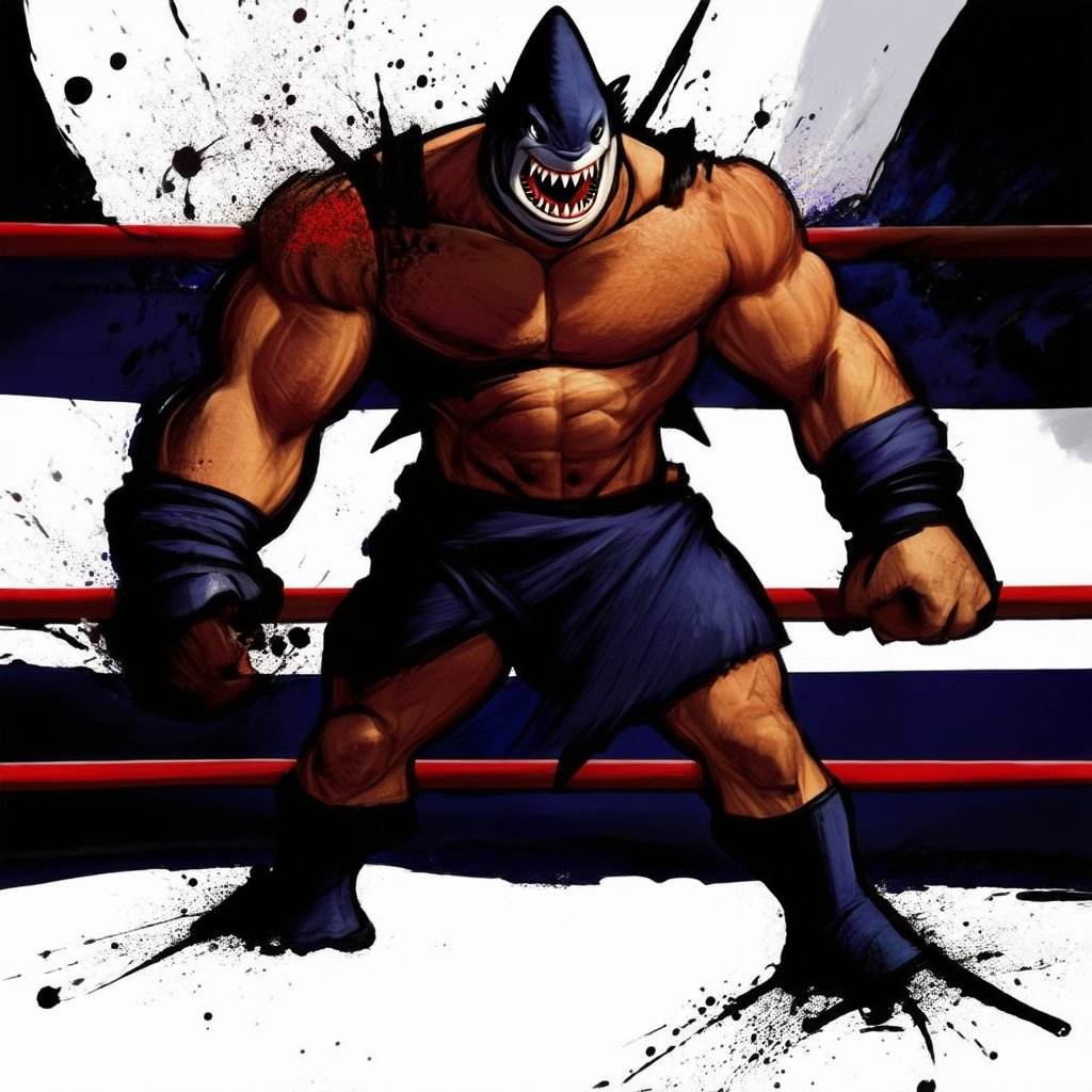 douqi, Ink splashes, bold lines ,A powerful shark warrior stands proudly in a dimly lit boxing ring, its sharp teeth and piercing eyes gazing intensely at an unseen opponent. The warrior's muscular physique is illuminated by the harsh lighting, accentuating its formidable presence as it prepares to unleash a devastating blow.