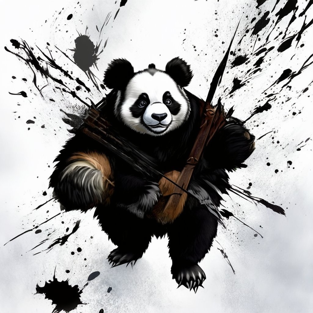 douqi,A fierce panda warrior stands tall, surrounded by swirling ink splashes and rough lines. Douqi's rugged face, with piercing eyes and a determined jawline, is set in a gritty, hand-drawn style. The illustration's bold composition features the panda at center stage, with dynamic brushstrokes radiating outward like a burst of energy.