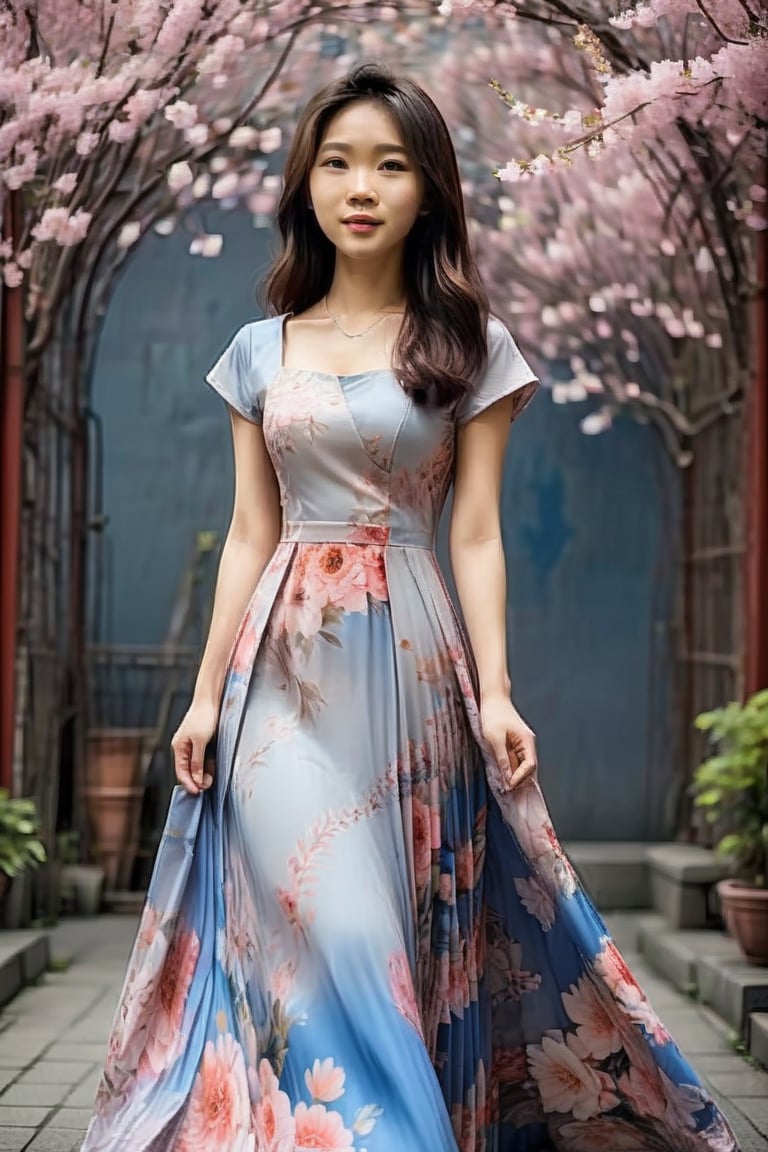 A photo of a beautiful Asian girl, formal floral long dress, magical, aesthetic,more detail XL