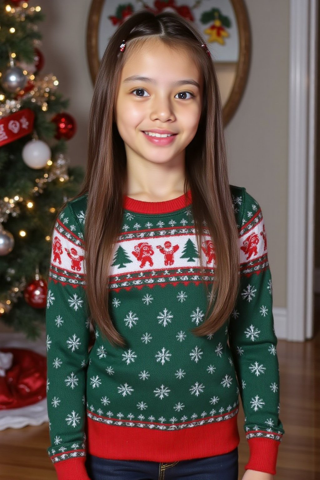 an tween girl wearing a pretty green and red sweater with Christmas theme style pattern,  indoor background by 3M AI Gen o...