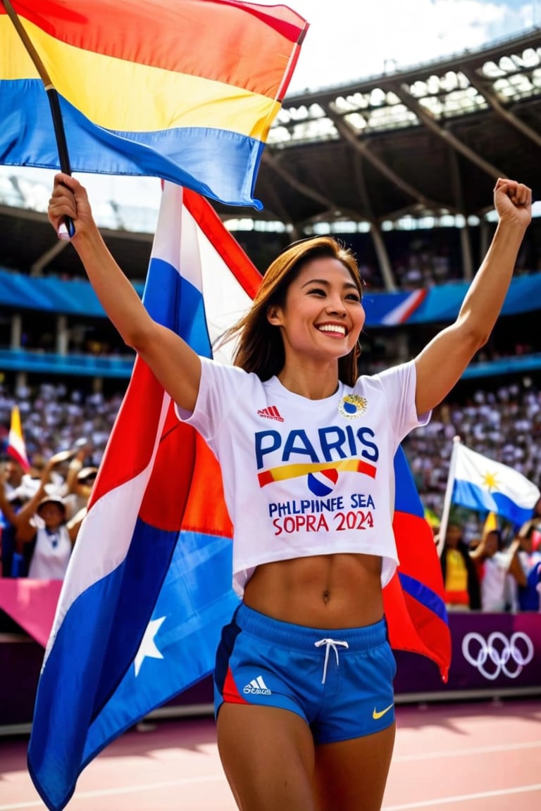 A triumphant Filipina athlete stands out amidst a sea of athletes in the Olympic stadium's packed seating area, her radiant smile beaming confidence as she holds the Philippine flag aloft. Wearing a white t-shirt and blue and red sport shorts, she shines against the vibrant atmosphere. The "PARIS 2024" text and Philippine flag emblem on her shirt add a pop of color. Her dynamic pose exudes energy, with the iconic Paris Eiffel Tower rising majestically in the background, bathed in warm sunlight.,Sopra