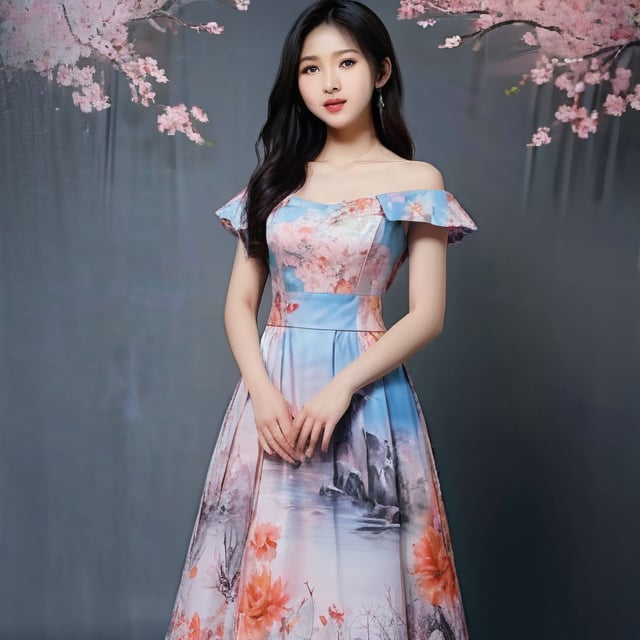 A photo of a beautiful Asian girl, formal floral long dress, magical, aesthetic,more detail XL